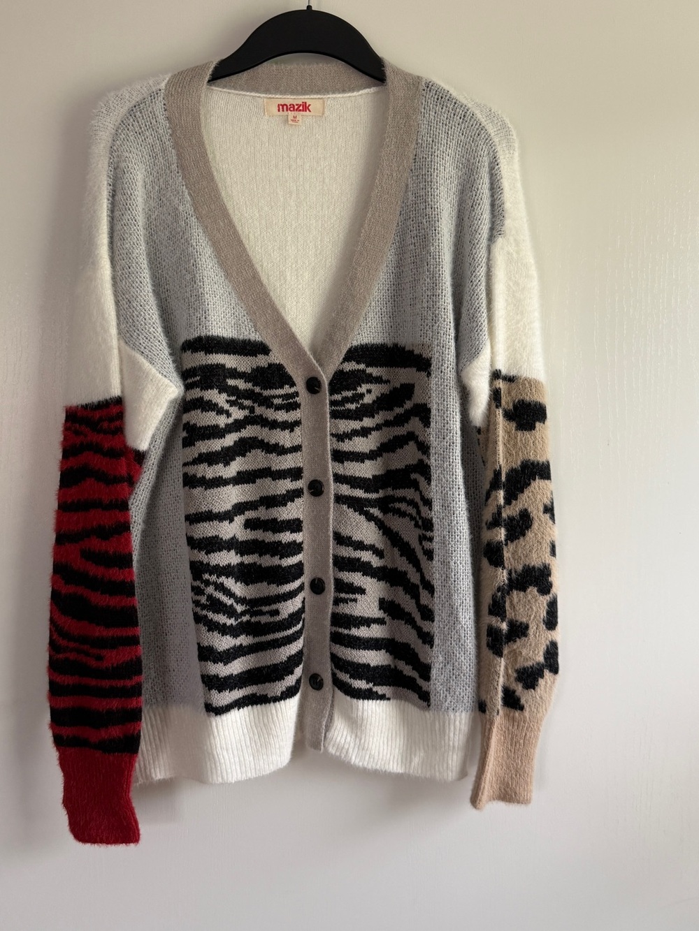 Mazik Multicolor Animal-Print V-Neck Cozy Soft Cardigan Oversized Furry